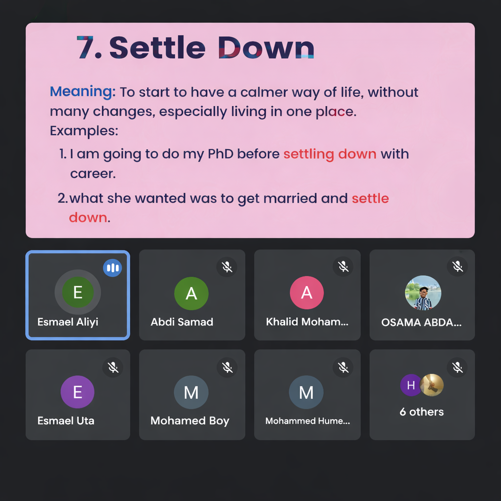 Online intermediate English class teaching phrasal verbs with students participating in a live session.