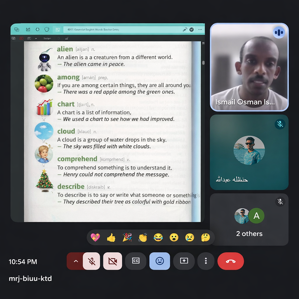 Online English vocabulary lesson showing a shared book page with vocabulary words and students attending virtually.
